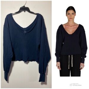 Les Tien Veronica Sweatshirt Off the Shoulder Crop Raw Edges Navy Blue Medium